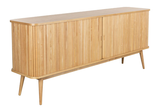 Sideboard Barbier 180 mit vertikalen Rillenmustern und zwei Schiebetüren in Eschenfurnier, Gesamtansicht von schräg vorne.