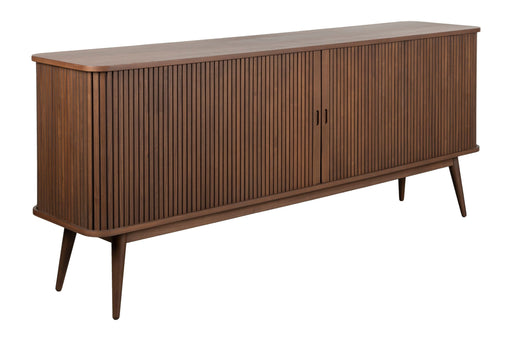 Sideboard Barbier 180 Walnut in Braun mit vertikalem Lamellenmuster und Schiebetüren, Gesamtansicht.