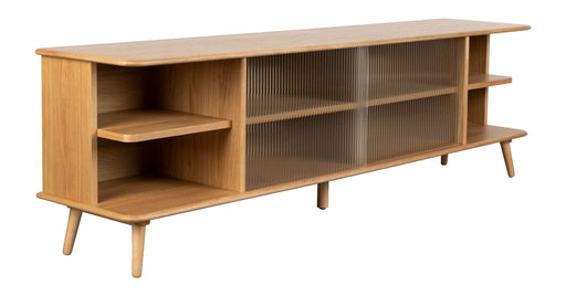 Sideboard Rise Large in Natural mit offenen Fächern, gerillten Glastüren und Ablagefächern, Gesamtansicht.