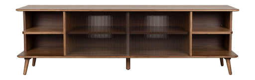 Sideboard Rise Large Walnut mit Riffelglas-Schiebetür, Gesamtansicht von vorne mit offenen Seitenfächern.