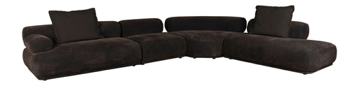 Ecksofa Rembrandt 7,5-Sitzer Links in Dark Brown, Gesamtansicht von vorne mit geschwungenen Armlehnen und Rückenkissen.