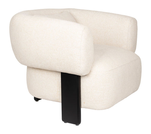 Loungesessel Neil in Beige mit großzügigen, gepolsterten Armlehnen und schwarzem Holzgestell in Gesamtansicht.