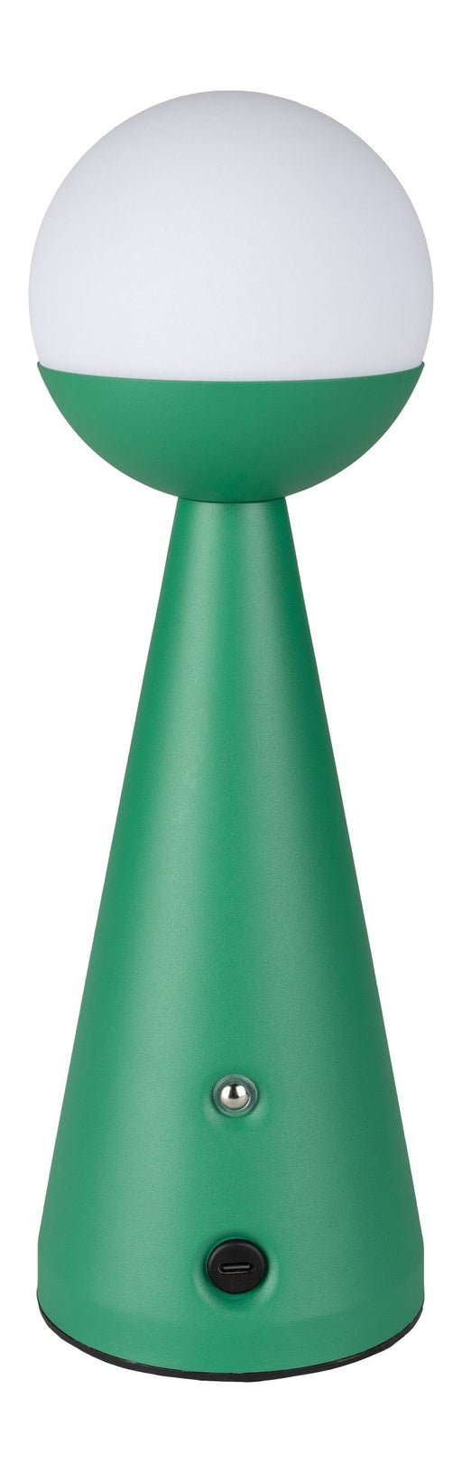 Tischlampe Bello Grün von Zuiver mit grünem Stahlgestell und weißem Kugellampenschirm in Gesamtansicht.
