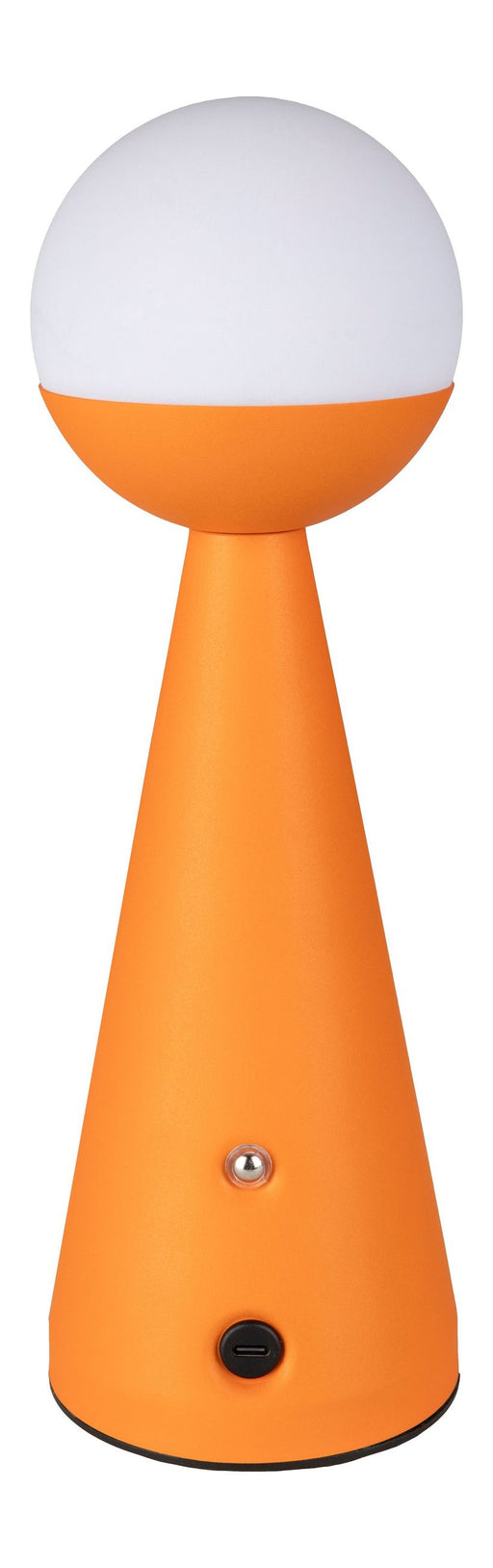 Tischlampe Bello Orange in Gesamtansicht mit orangefarbenem Stahlgestell und opalweißem Kugelschirm.