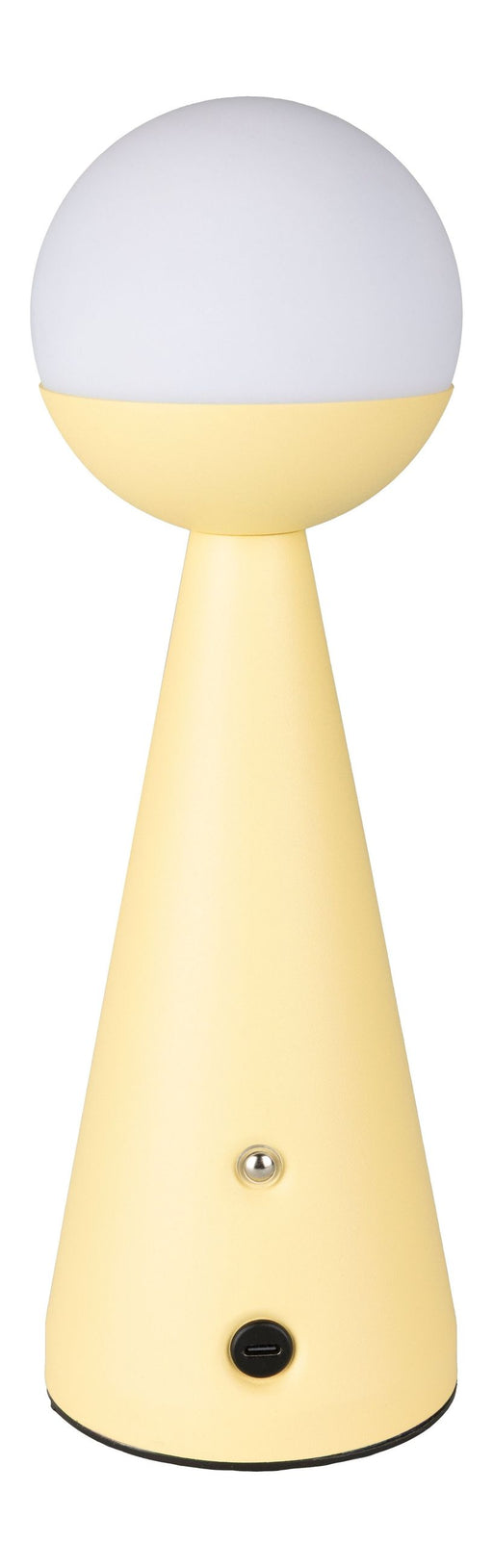 Tischlampe Bello Lemon mit gelbem Stahlgestell und grauer kugelförmiger Leuchte, Gesamtansicht.