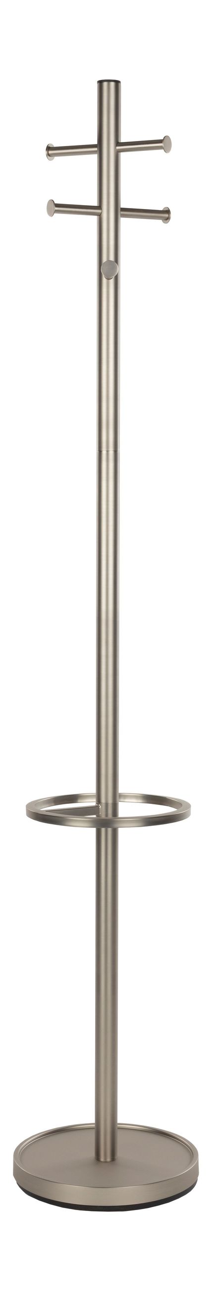 Garderobenständer Wednesday aus gebürstetem Chrom in Silber, Gesamtansicht mit Hutablage und Hakenleisten.