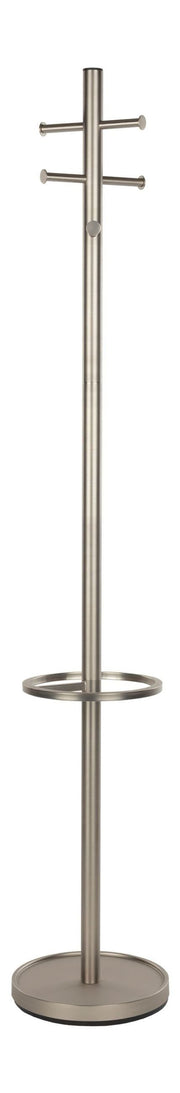 Garderobenständer Wednesday aus gebürstetem Chrom in Silber, Gesamtansicht mit Hutablage und Hakenleisten.