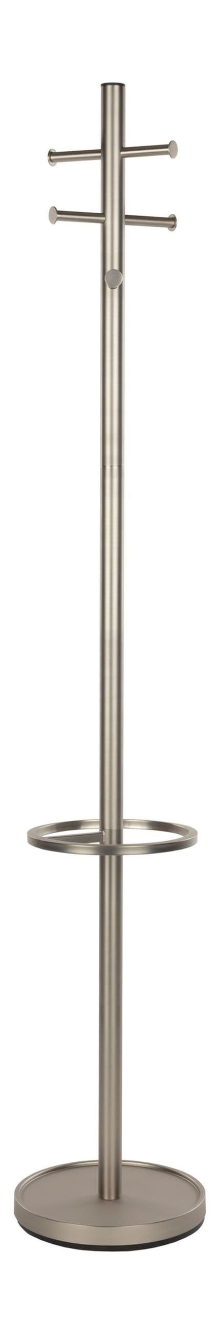 Garderobenständer Wednesday aus gebürstetem Chrom in Silber, Gesamtansicht mit Hutablage und Hakenleisten.