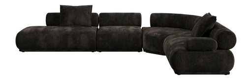 Ecksofa Rembrandt 7,5-Sitzer rechts in Dunkelbraun, Gesamtansicht mit geschwungenen Formelementen und Rippstoff-Bezug.
