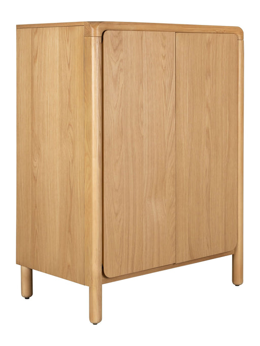 Schrank Storm Natural in Gesamtansicht mit zwei abgerundeten Holztüren und Holzbeinen aus Eschenholz.