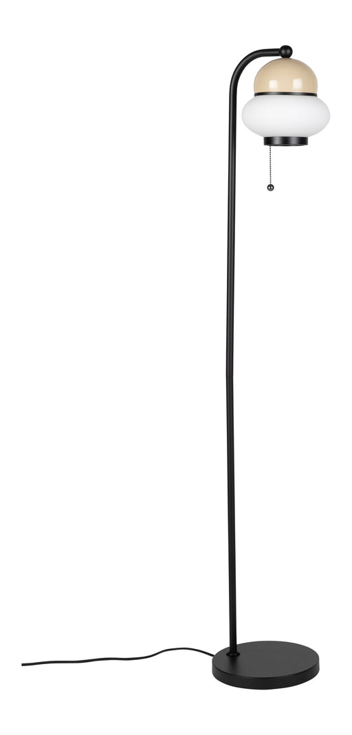 Stehlampe Bumble Beige mit geschwungenem schwarzem Gestell und beigefarbenem Schirm in Gesamtansicht.