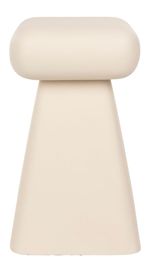 Hocker Earth Beige in Beige mit gerundeter Sitzfläche und konischem Gestell in Gesamtansicht.