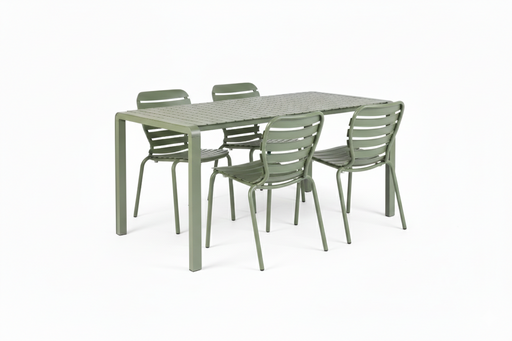 Gartenmöbel-Set Vondel mit rechteckigem Aluminiumtisch und vier Stühlen mit horizontalen Lamellen in Grün, Gesamtansicht.