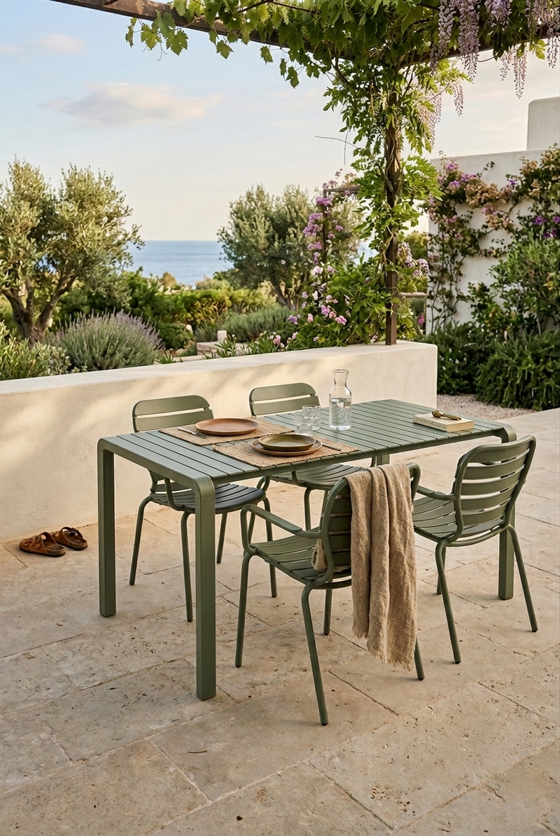 Gartenmöbel-Set Vondel mit Tisch und 4 Armlehnstühlen, Aluminium Grün