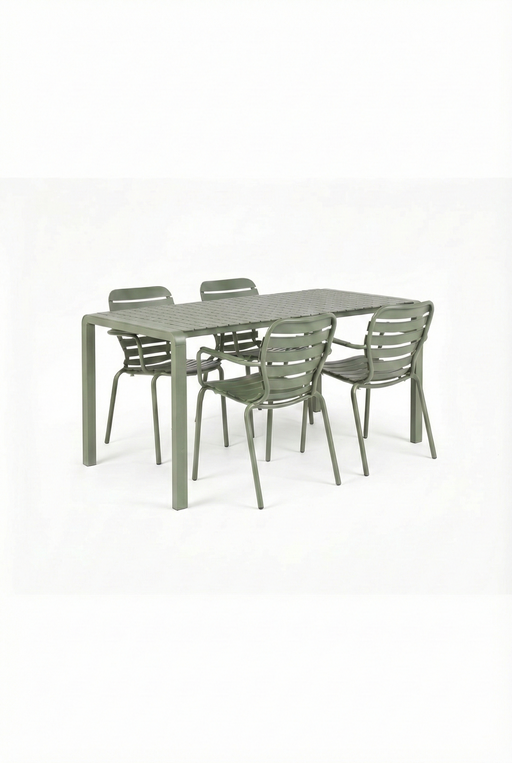 Gartenmöbel-Set Vondel mit grünem Aluminium-Tisch und vier passenden Armlehnstühlen in Gesamtansicht.