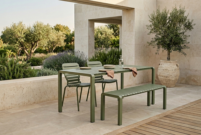 Gartenmöbel-Set Vondel mit Tisch, 2 Stühlen & Bank, Aluminium Grün
