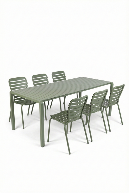 Gartenmöbel-Set Vondel mit grünem Aluminium-Tisch und sechs Stühlen in Gesamtansicht.