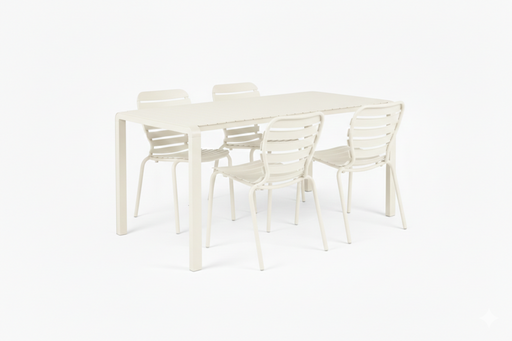 Gartenmöbel-Set Vondel mit rechteckigem Aluminiumtisch und vier Stühlen in Weiß, Gesamtansicht.