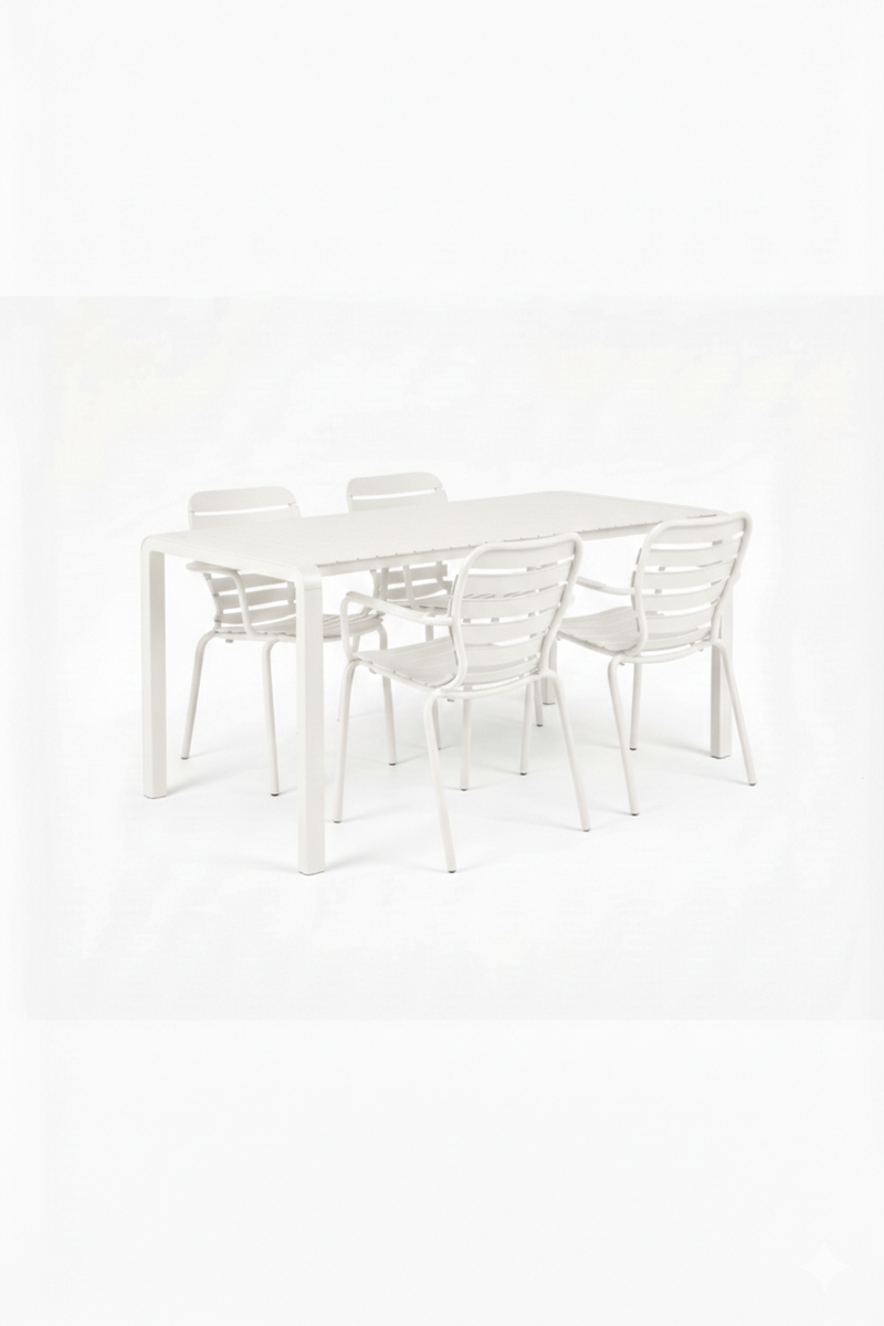 Gartenmöbel-Set Vondel, Tisch mit 4 Armlehnstühlen aus Aluminium, Weiß