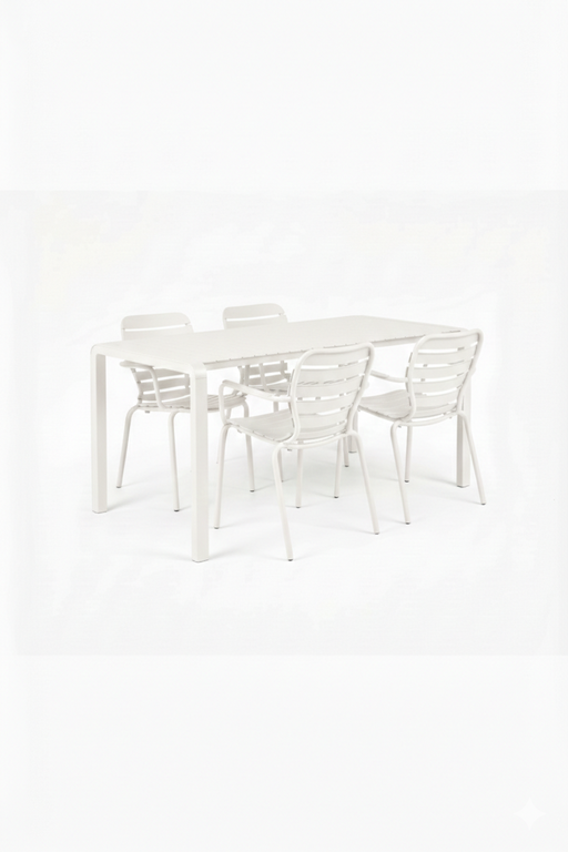 Gartenmöbel-Set Vondel mit rechteckigem Aluminiumtisch und vier weißen Armlehnstühlen in Gesamtansicht.