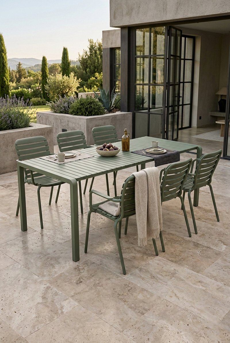 Gartenmöbel-Set Vondel mit Tisch & 6 Armlehnstühlen in Grün, Aluminium