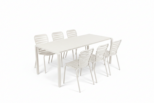 Gartenmöbel-Set Vondel mit rechteckigem Aluminium-Tisch und sechs Stühlen in Weiß, Gesamtansicht.