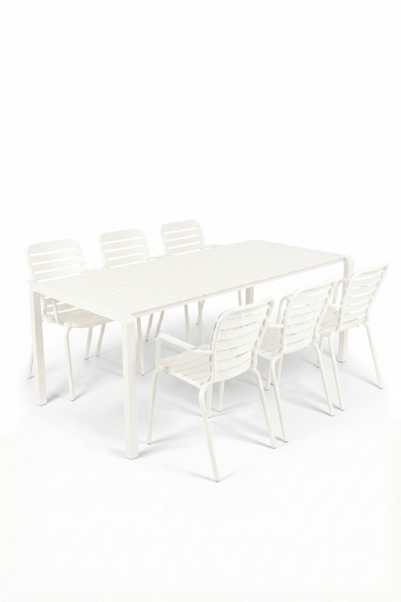 Gartenmöbel-Set Vondel: Tisch 214 cm + 6 Armlehnstühle, Aluminium Weiß
