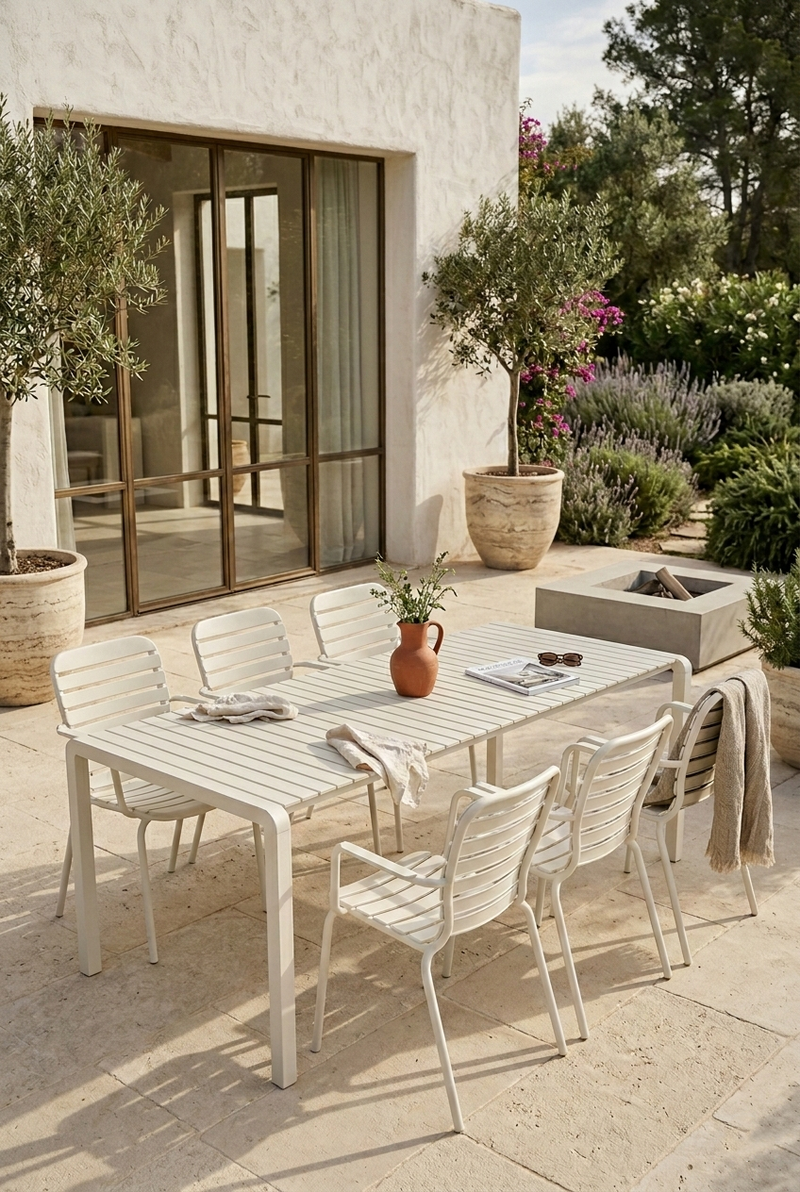 Gartenmöbel-Set Vondel: Tisch 214 cm + 6 Armlehnstühle, Aluminium Weiß