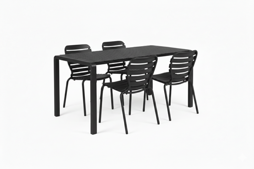 Gartenmöbel-Set Vondel mit rechteckigem Aluminiumtisch und vier Stühlen mit Lamellenlehnen in Schwarz, Gesamtansicht.