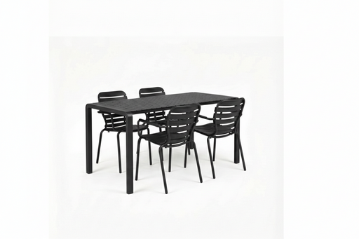 Gartenmöbel-Set Vondel mit rechteckigem Aluminiumtisch und vier schwarzen Armlehnstühlen in Gesamtansicht.