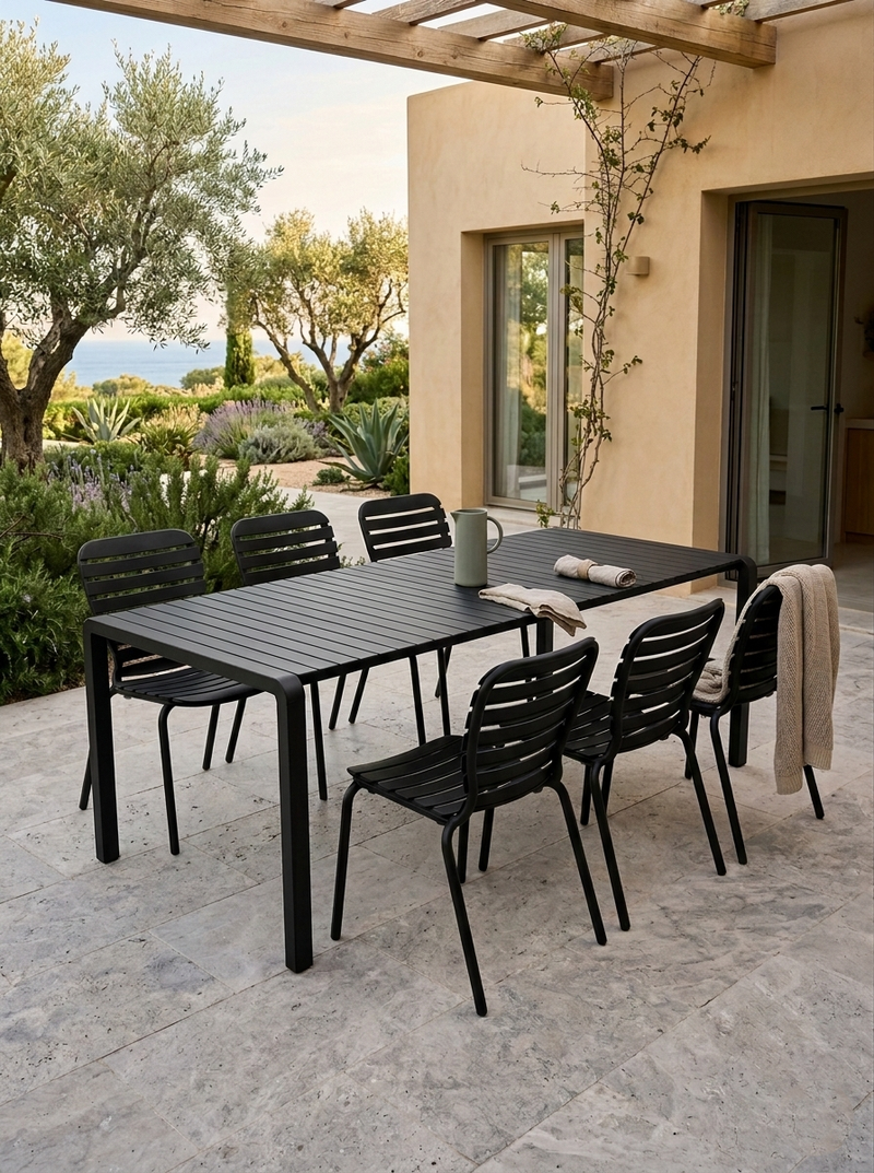 Gartenmöbel-Set Vondel mit Tisch und 6 Stühlen aus Aluminium, Schwarz