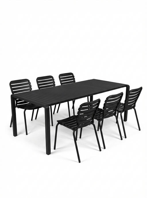 Gartenmöbel-Set Vondel mit rechteckigem Aluminiumtisch und sechs stapelbaren Stühlen in Schwarz, Gesamtansicht.