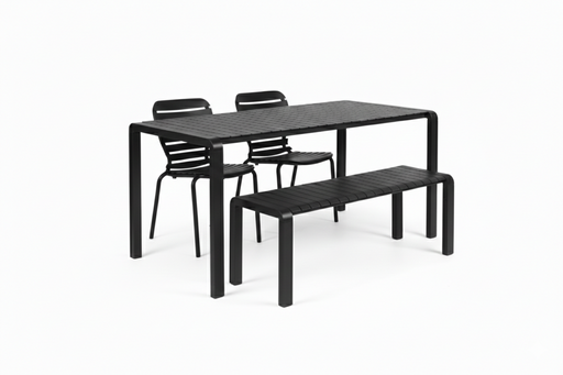 Gartenmöbel-Set Vondel mit schwarzem Aluminium-Tisch, zwei Stühlen und Bank in Gesamtansicht.