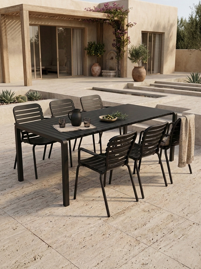 Gartenmöbel-Set Vondel mit Tisch & 6 Stühlen aus Aluminium in Schwarz
