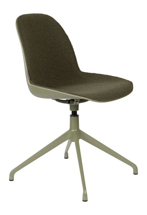 Esszimmerstuhl Albert Kuip Swivel in Grün mit gepolsterter Sitzschale und drehbarem Aluminiumgestell in Grün, Gesamtansicht.