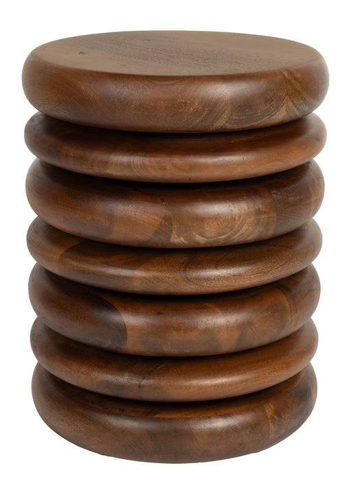 Hocker Disc Zuiver aus Mangoholz mit stapelbaren, rundlichen Scheiben in Braun, Gesamtansicht.