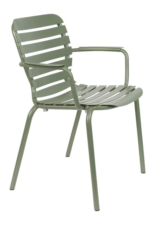 Gartensessel Vondel im 2er-Set, Grün aus Aluminium mit horizontal gelatteter Rückenlehne in Gesamtansicht.