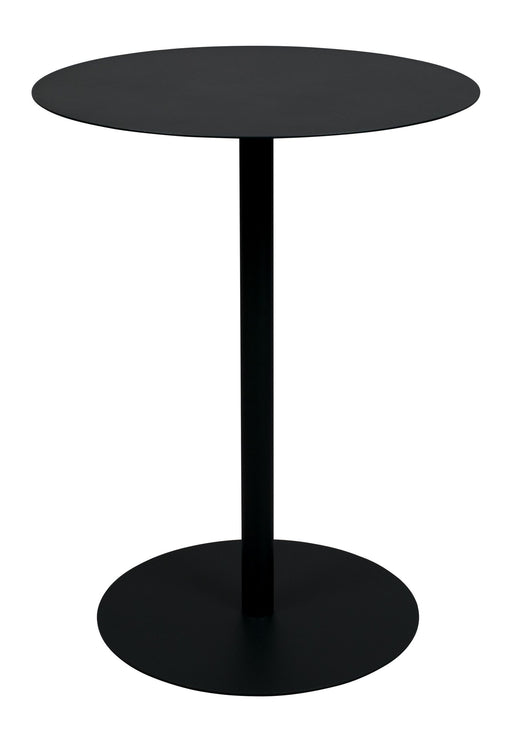 Bistrotisch Snow Black mit runder schwarzer Stahlplatte und zentralem schwarzem Stahlgestell, Gesamtansicht.