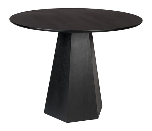 Tisch Pilar rund mit schwarzer Eschenfurnier-Platte und konischem Gestell aus schwarzem MDF, Gesamtansicht.