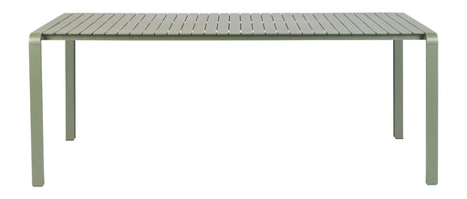Gartentisch Vondel 214x97 cm in Grün mit Aluminium-Gestell und lamellenförmiger Tischplatte in Gesamtansicht.