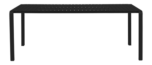 Gartentisch Vondel 214x97 cm in Schwarz aus Aluminium, Gesamtansicht von vorne mit schmaler Lamellentischplatte.