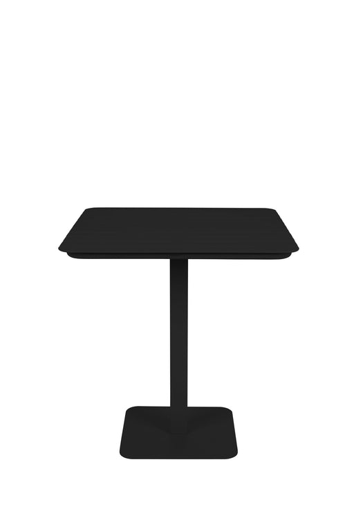 Bistrotisch Vondel 71x71 cm in Schwarz mit quadratischer Aluminiuntischplatte und zentralem Metallgestell, Gesamtansicht.