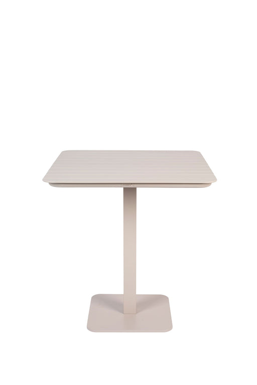 Bistrotisch Vondel 71x71 cm Clay mit rechteckiger Aluminiumplatte und quadratischem Sockelgestell in Weiß, Gesamtansicht.