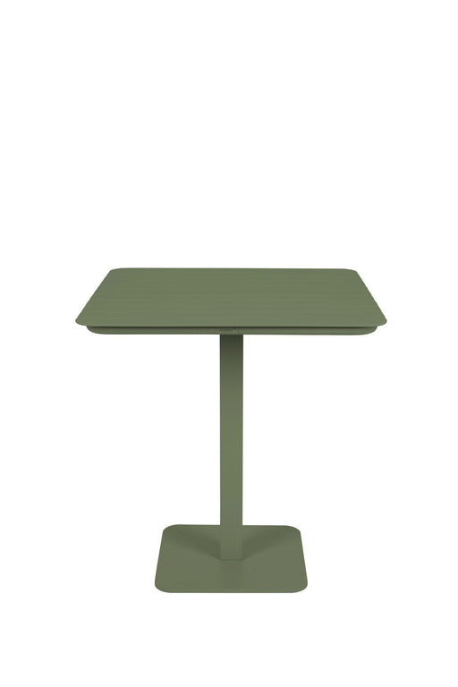 Bistrotisch Vondel 71x71 cm Grün in Gesamtansicht mit quadratischer Aluminium-Tischplatte und zentralem Säulengestell.