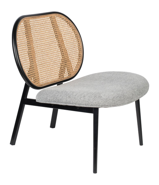 Loungesessel Spike Natural/Grey mit Rückenlehne aus Rattan und grauem Polstersitz in Gesamtansicht.