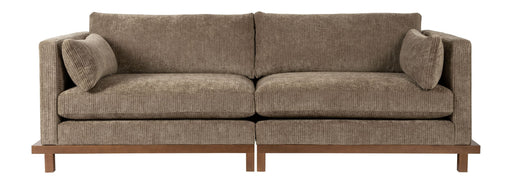 Sofa Blossom 3-Sitzer Moss in Braun mit Eichenholz-Gestell, Gesamtansicht von vorne mit zwei Rückenkissen.