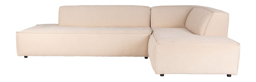 Ecksofa Fat Freddy Right in Natural-Beige, Gesamtansicht von rechts mit ausgefahrenem Récamiere und Rippstoffbezug.