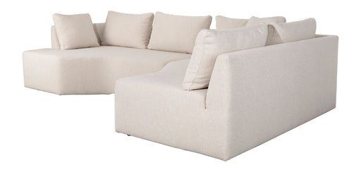 Sofa Prosper Right mit Beistelltisch-Element in Creme, L-förmige Sitzgruppe mit abgerundeten Formen.
