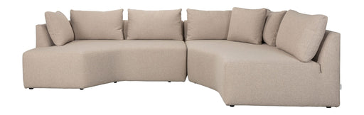 Sofa Prosper Right Cappuccino in Beige mit L-Form, Chaise-Lounge rechts und zahlreichen Zierkissen in Gesamtansicht.