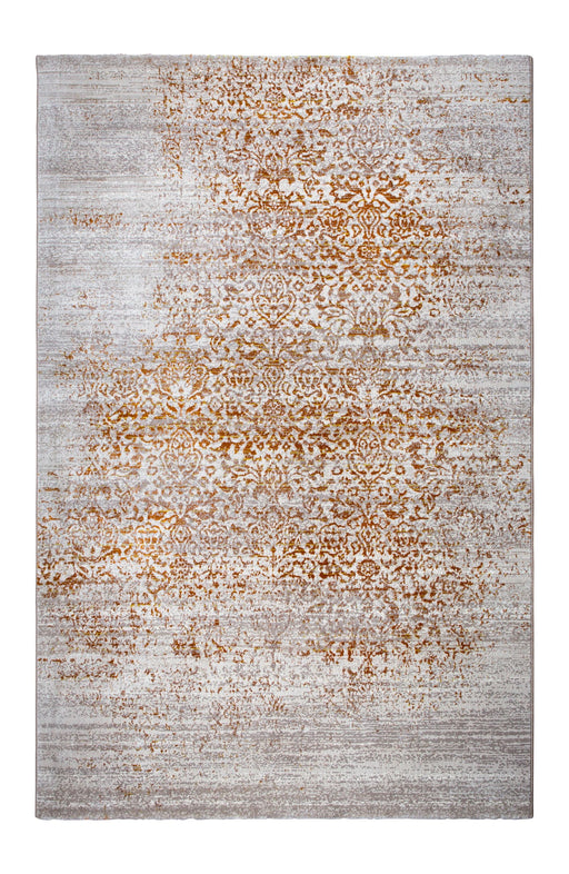 Gesamtansicht des Teppich Magic Sunrise 160x230 cm mit orangefarbenem Vintage-Muster auf grauem Grund.